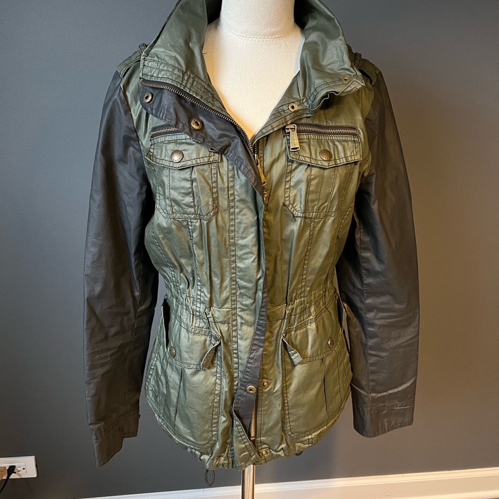 Michael Kors Black Rivet Lined Zip Snap Pockets Hood Short Jacket size S.
